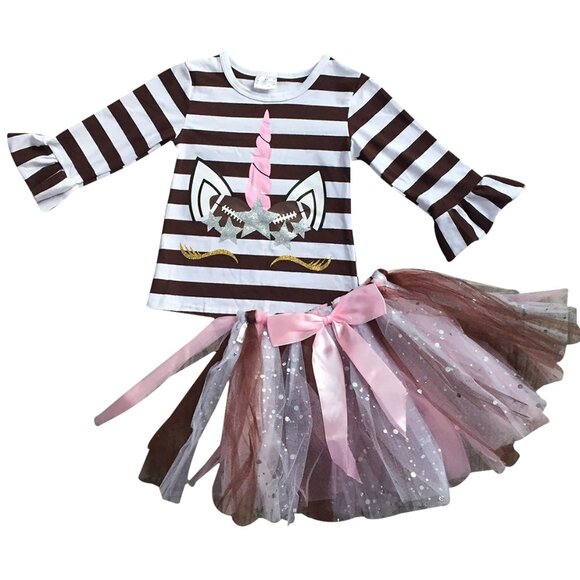 Other - 2 Pieces Skirt Set Unicorns Floral T-Shirt Top Tutu Tulle Skirt Set Little Girls